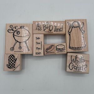 Stampin Up Backyard BBQ Wood Mounted Rubber Stamp Set Used